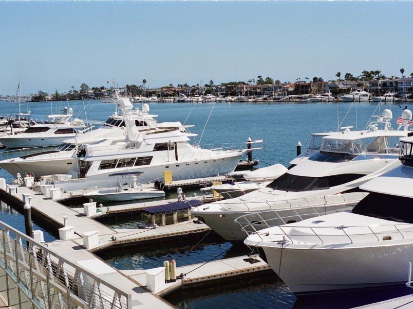 White motor yachts at a Southern California marina